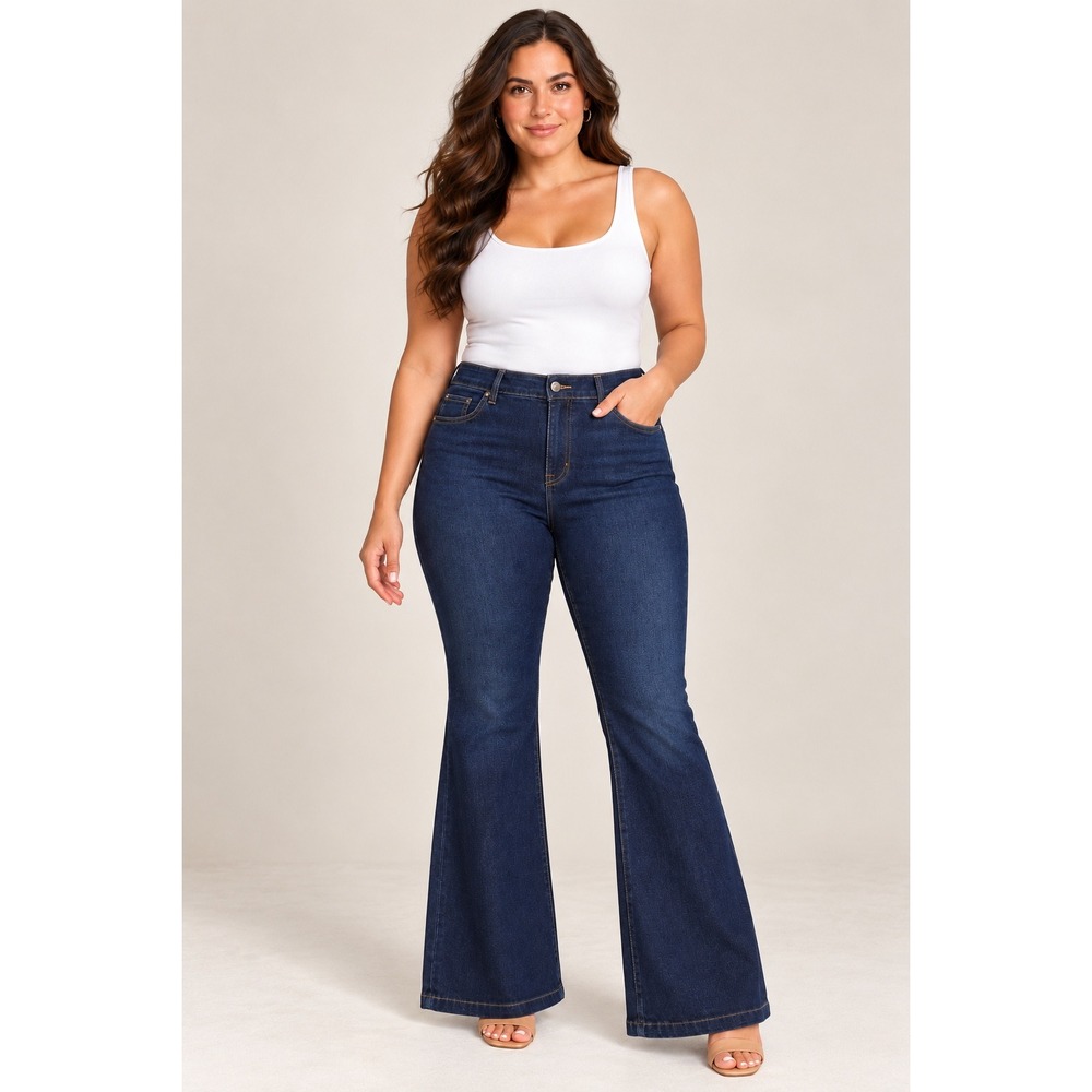SPANX 1X Dark Wash Flare Jeans High Rise Stretch Pull-On 31" Inseam Quiet Luxury